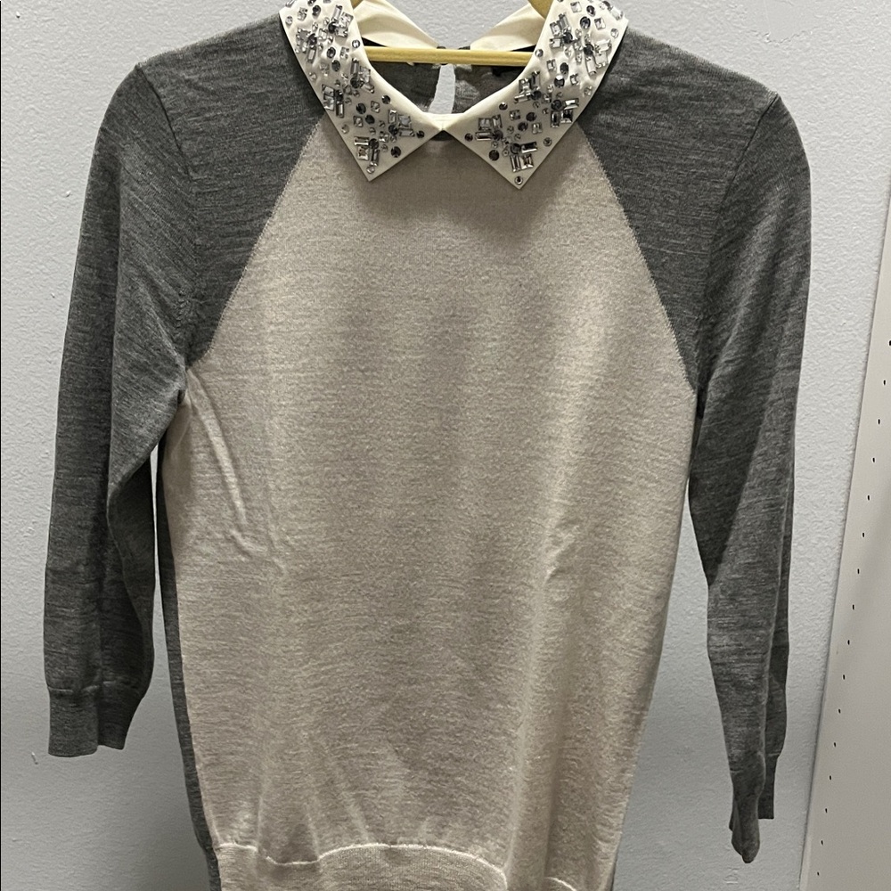 J. Crew Gray and Cream Sweater with Patterned Collar